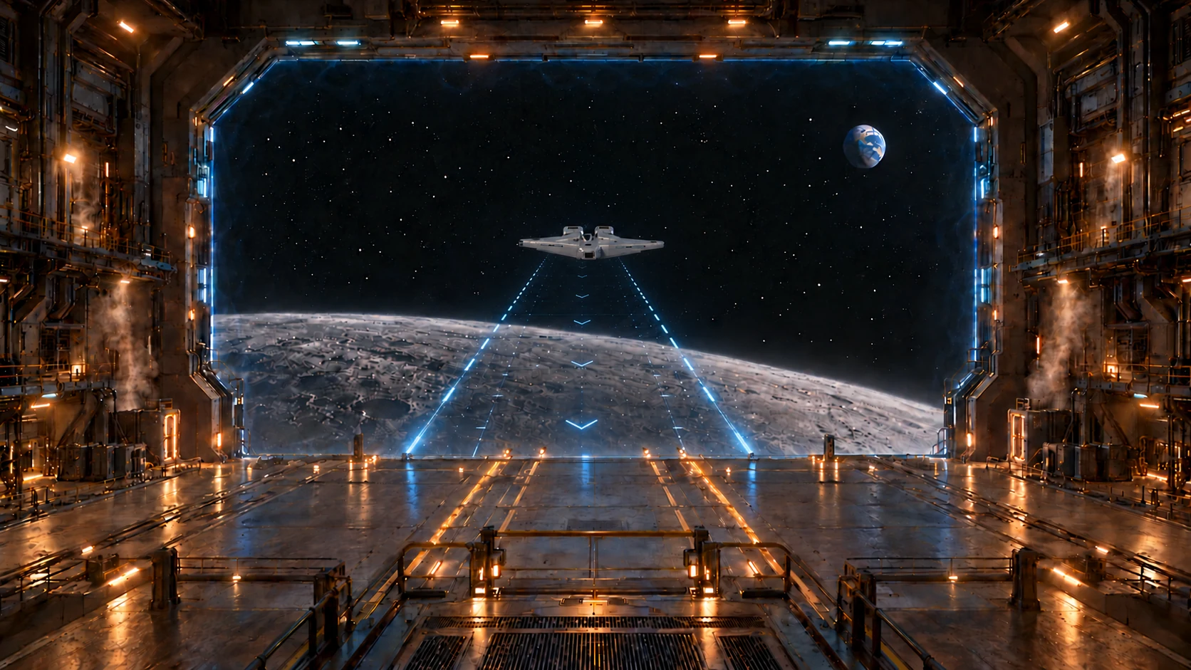 A Destroyer following guidance lights towards DeadStar’s hangar