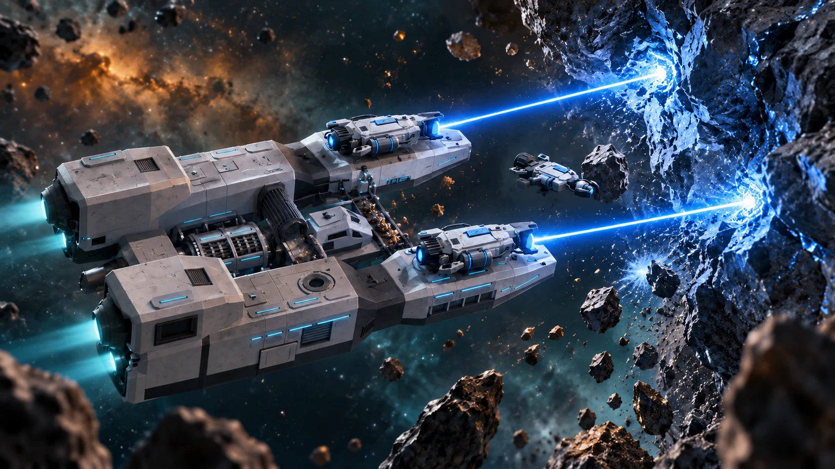 Blue Strip Miners cutting an asteroid