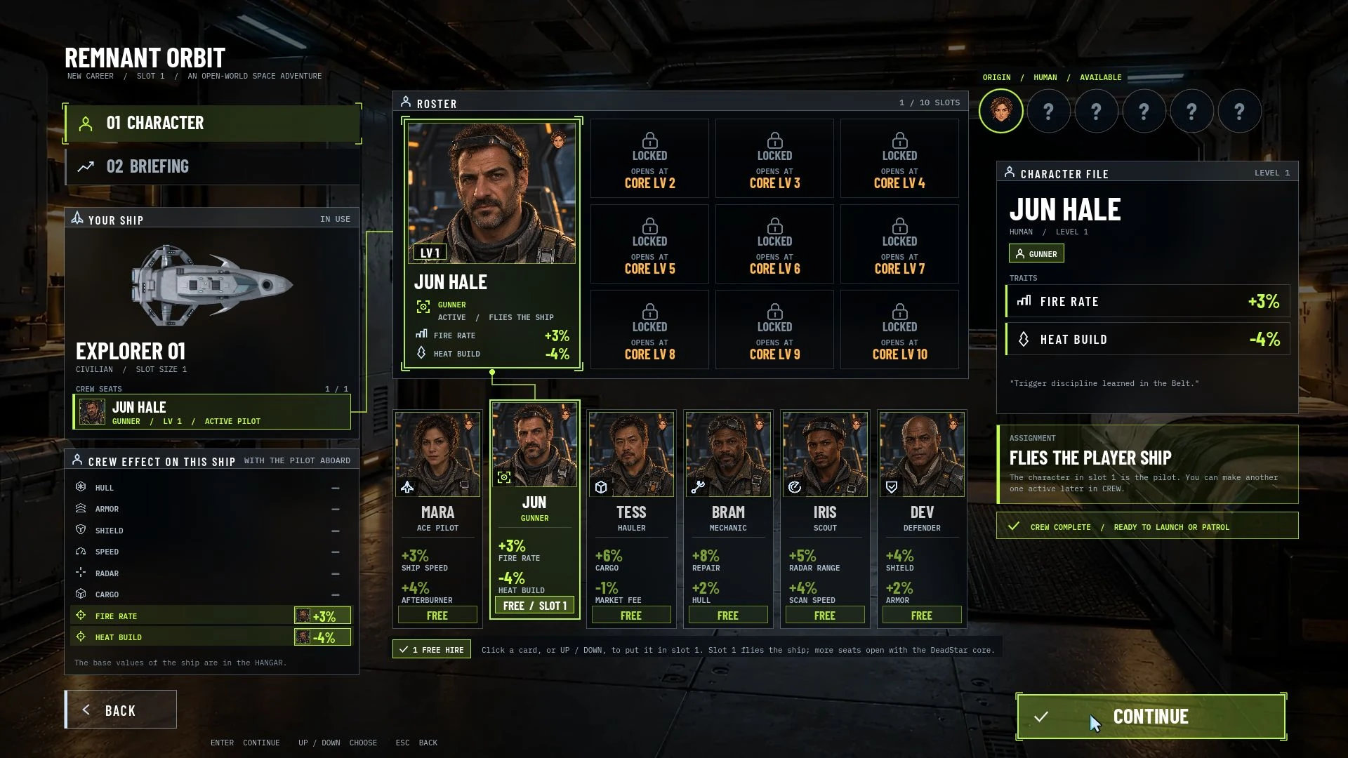 The current crew selection screen with Jun Hale assigned as pilot