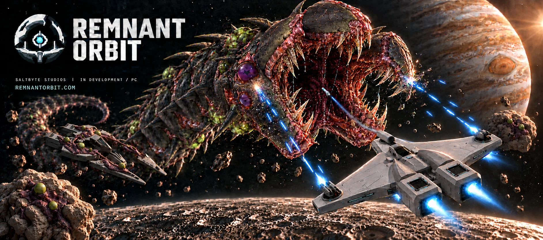 Remnant Orbit artwork: a Destroyer fights a Zyphari creature among infected wrecks near Jupiter