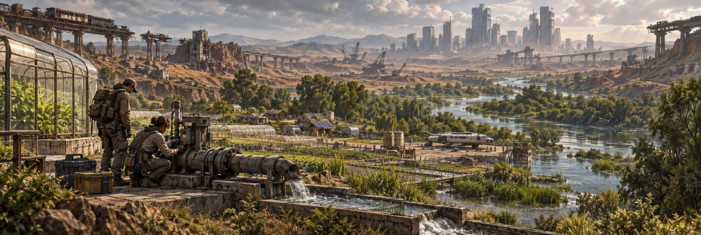 Survivors rebuilding beside a river below the ruins of Old Earth