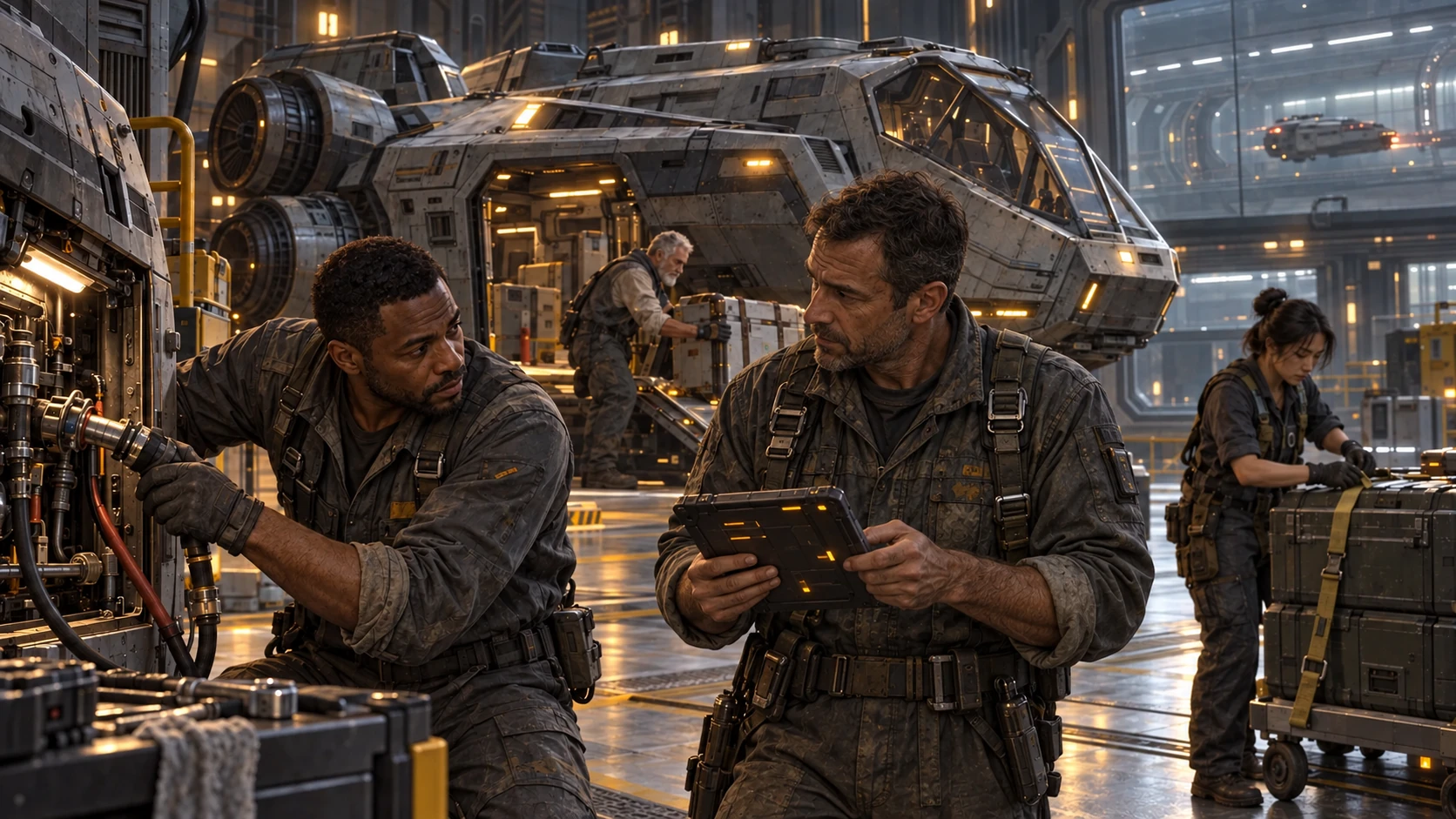 Human technicians restoring equipment in a ship hangar